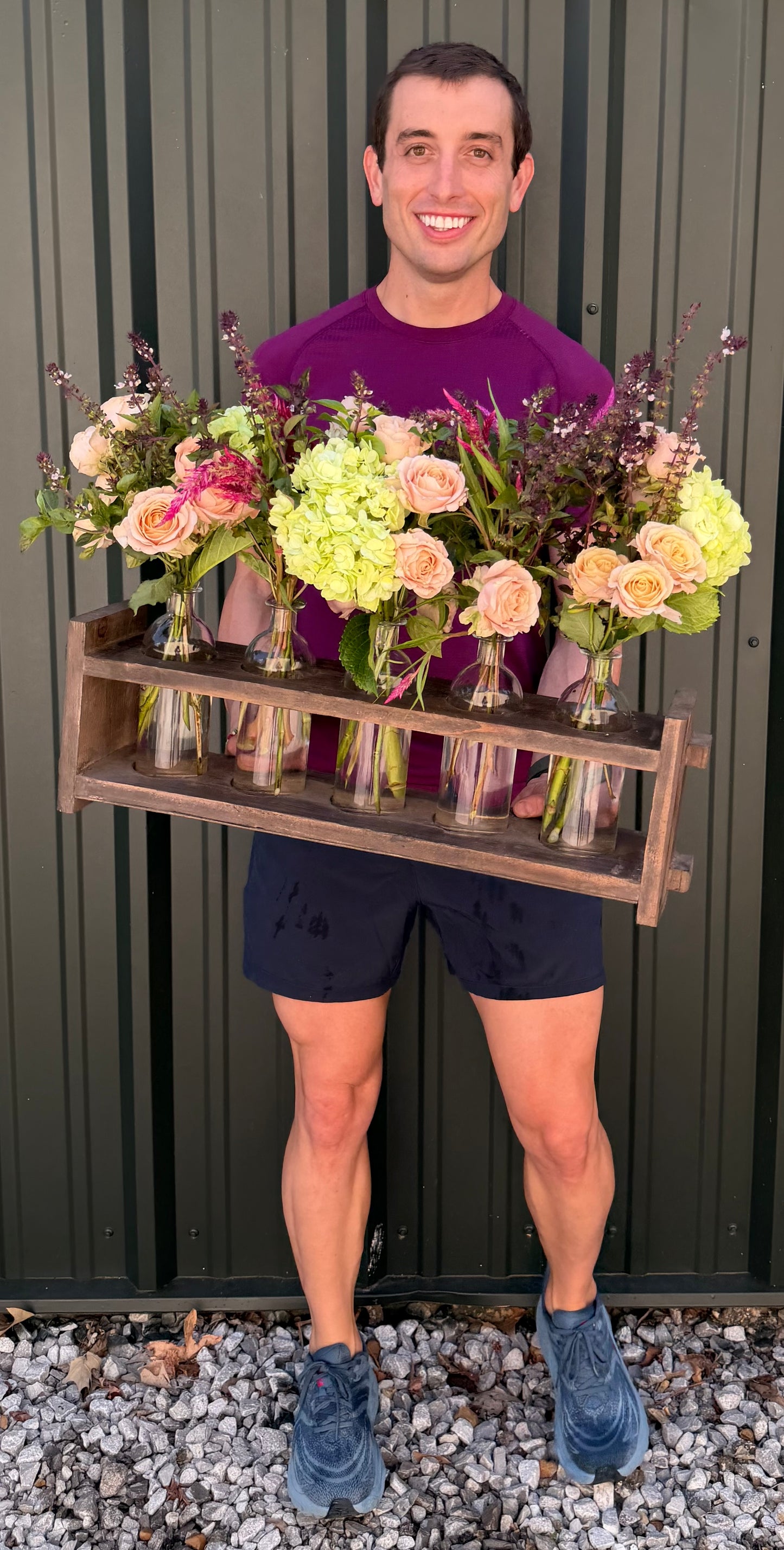 Wood Floral Arranger with 5 Glass Bottles