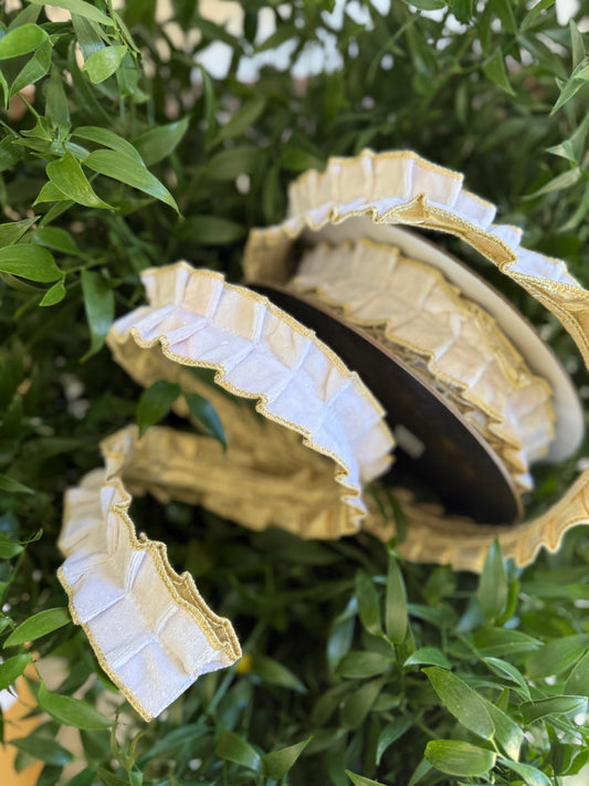 JME heavy wired ribbon. WHITE Velvet Pleating with Gold Metallic Back 2"x 10YDS