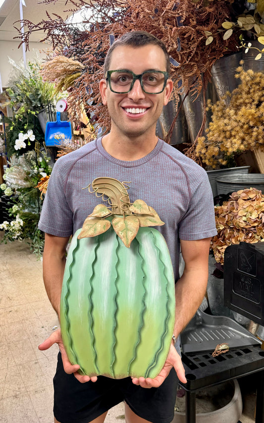 Oblong Green Metal Pumpkin