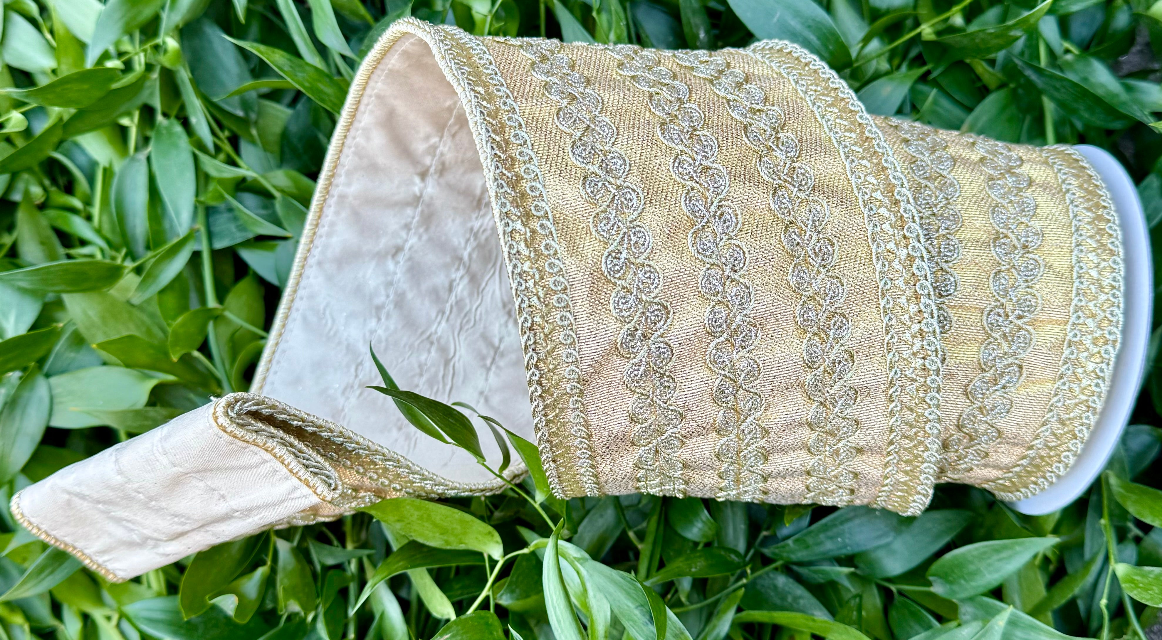 JME heavy wire ribbon. Metallic taffeta with gold embroidering design ...