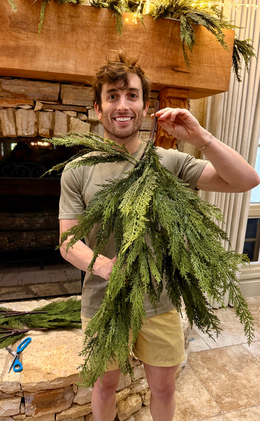 Faux life like cedar teardrop. Perfect for styling and layering to anything during the holidays! 36 inches long