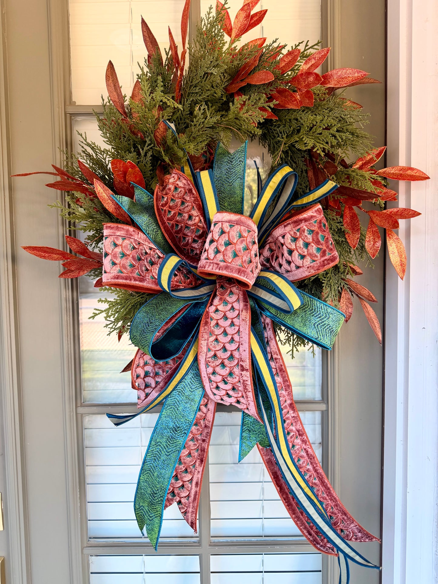 The Autumn Wreath. Handmade JME wreath with a hand tied bow. About 24 inches wide. *Some fluffing may be required upon receiving.
