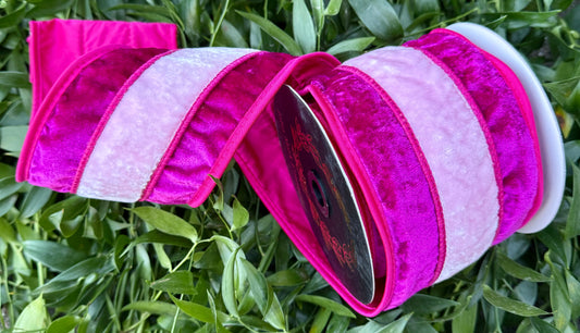 JME heavy wired ribbon, hot pink velvet with blush velvet down the center. Back with pink taffeta . 4“ x 5 yards.