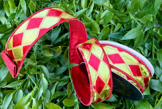 JME heavy wired ribbon. Red and green harlequin velvet backed with red metallic. 10 yards x 1.5“