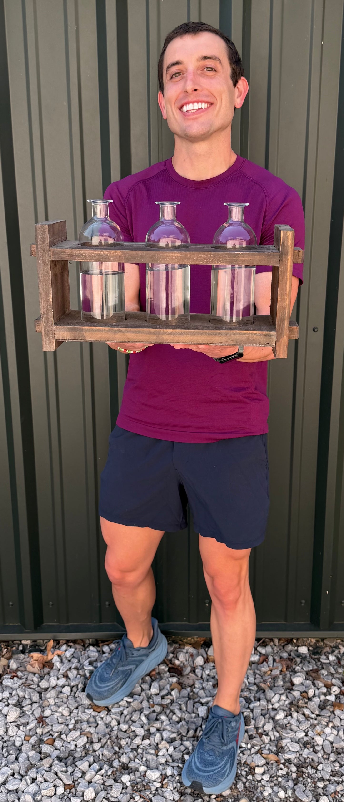 Wood Floral Arranger with 3 Glass Bottles