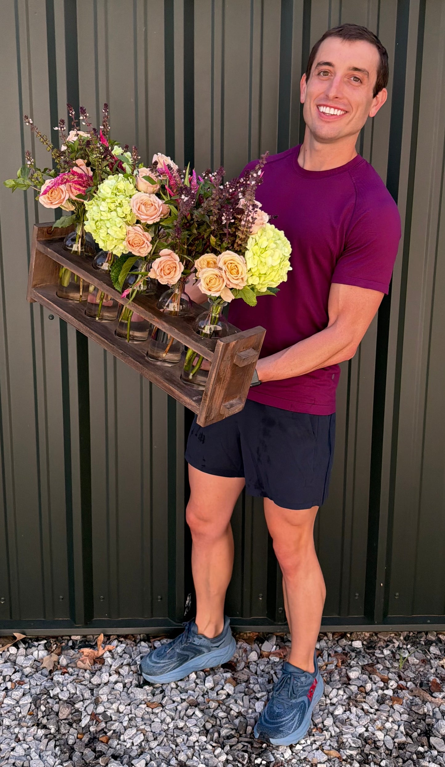 Wood Floral Arranger with 5 Glass Bottles