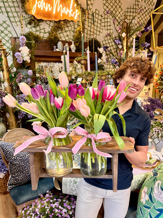 Wooden Flower Stand with Two Glass Bottles. Flowers not included.