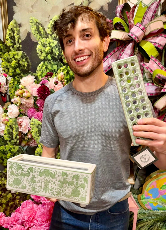 Green/White Ceramic Flower Arranger 11"x 5"x 5"