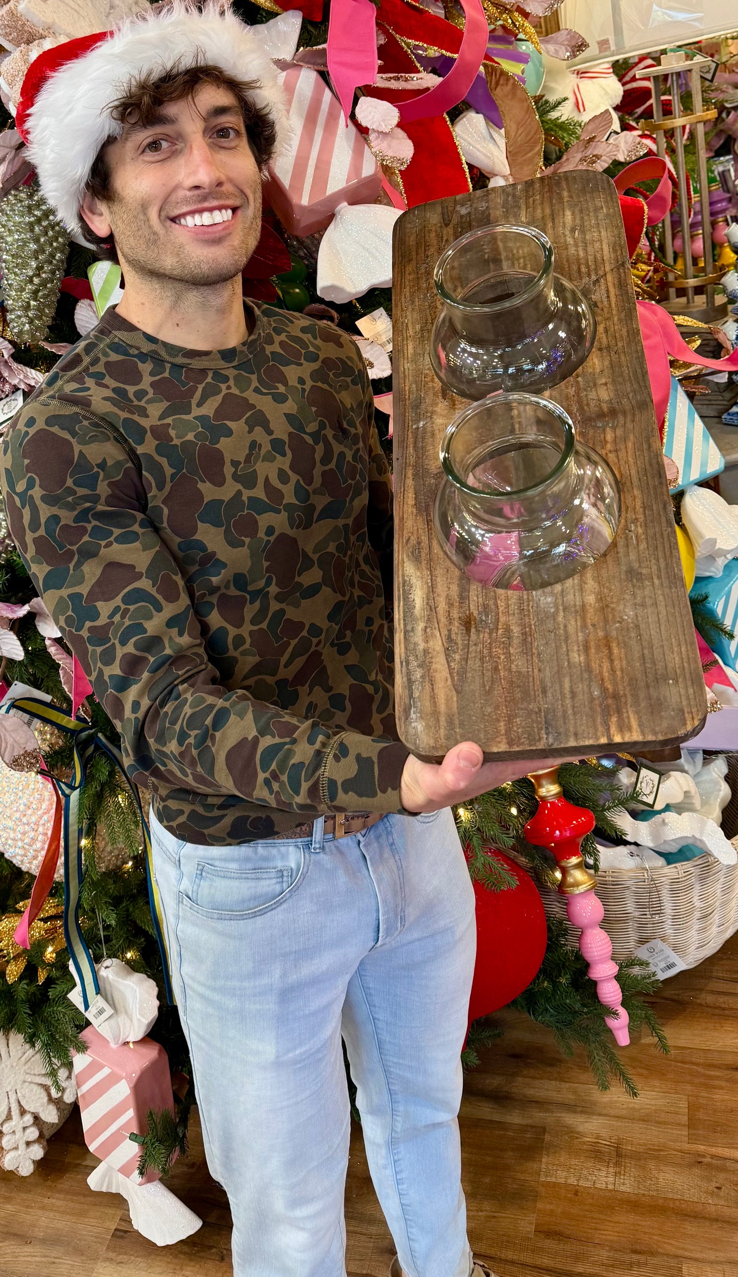 Wooden Flower Stand with Two Glass Bottles. Flowers not included.