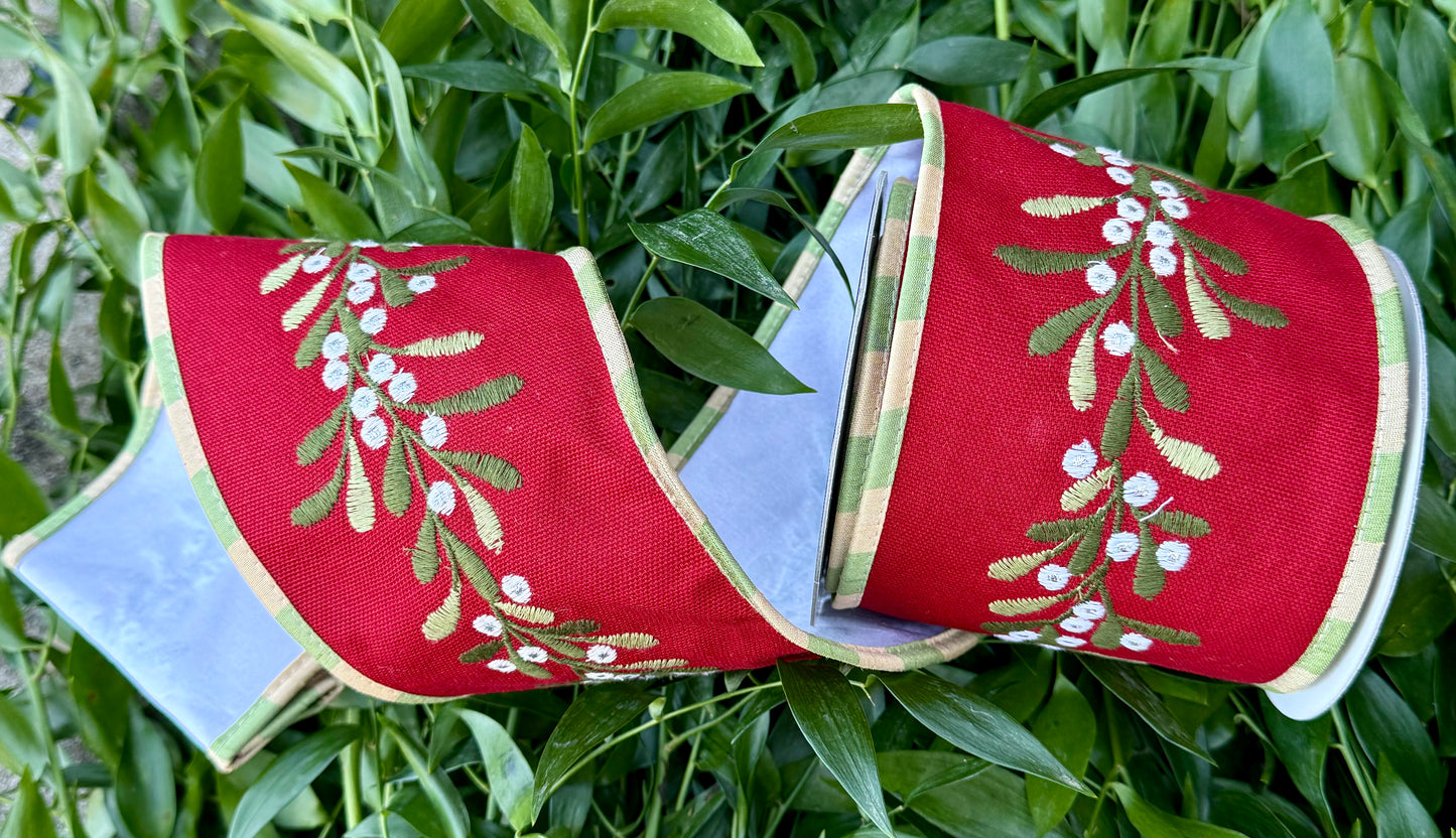 JM a heavy wired ribbon. Embroidered mistletoe on red dupion. backed with white and piped with green and tan check. 4” x 5 yards