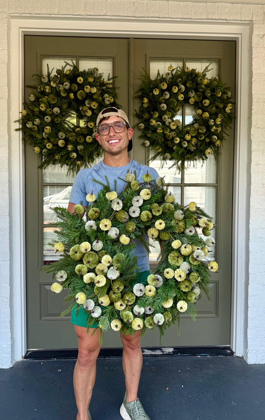 Faux Green velvet PUMPKIN JME WREATH. 30 inches wide