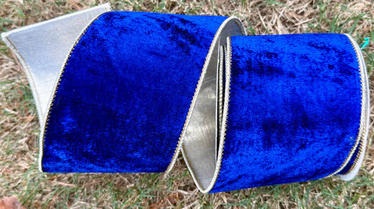 JME heavy wired ribbon. Royal blue velvet backed with gold metallic dupion. 4“ x 10 yards