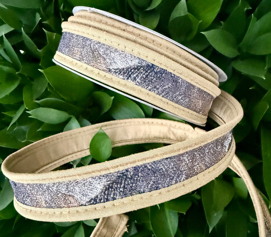 JME heavy wired ribbon. GRAY/BROWN Jacquard Print with Tan Trim 1"x 10YDS