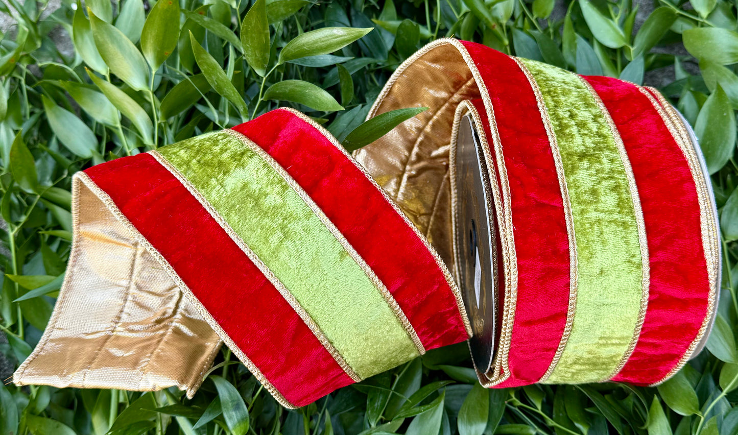 JME heavy wired ribbon. Red/green velvet striped with metallic gold back. 4” x 10 yards.