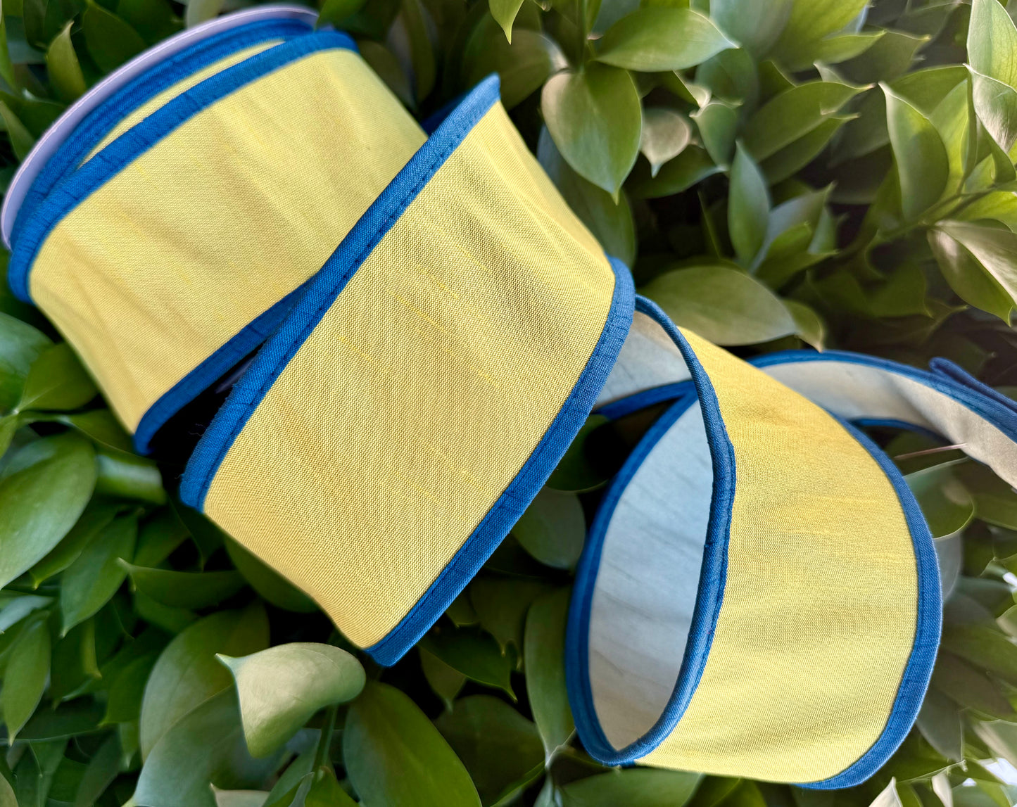 JME heavy wired ribbon. YELLOW/BLUE/SAGE Tri-Colored Solid