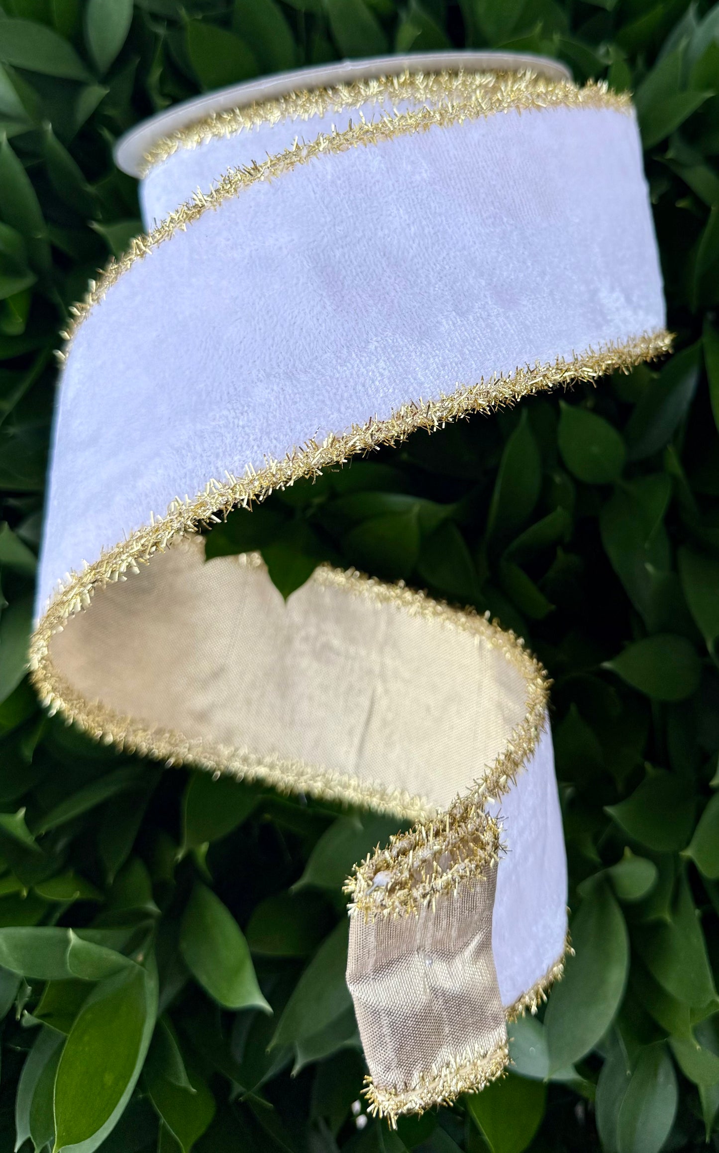 JME heavy wired ribbon. WHITE Velvet with Gold Tinsel Edge and Gold Metallic Back
