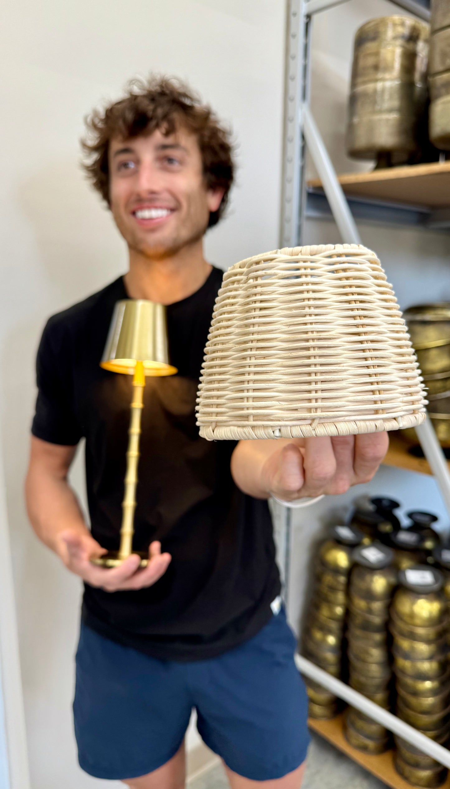 Gold LED cordless bamboo lamp with extra rattan shade. Comes with a charging cord. 14.5 inches tall by 4.5 inches diameter.