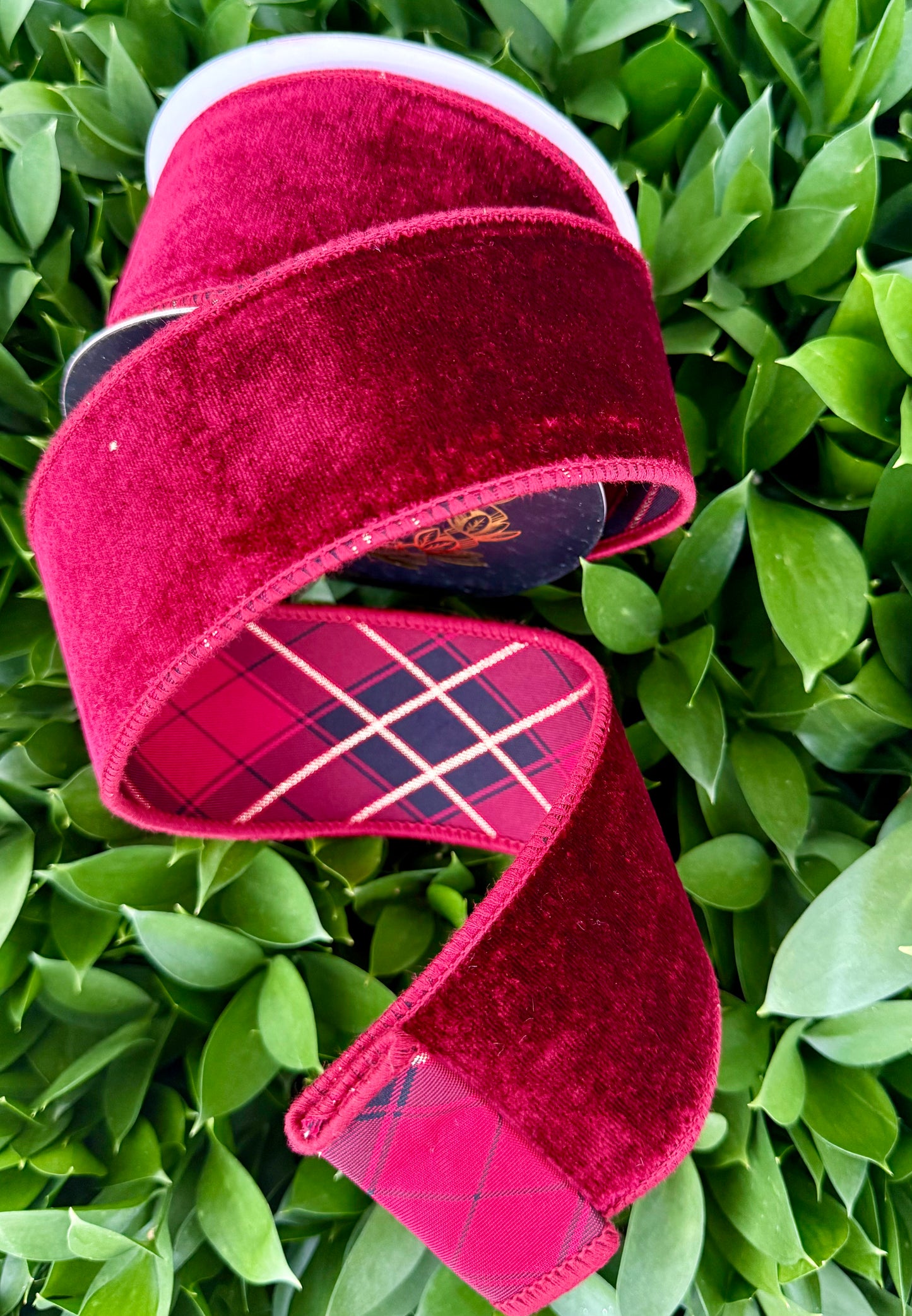 JME heavy wired ribbon. BURGUNDY Velvet with Red/Gold Plaid Back