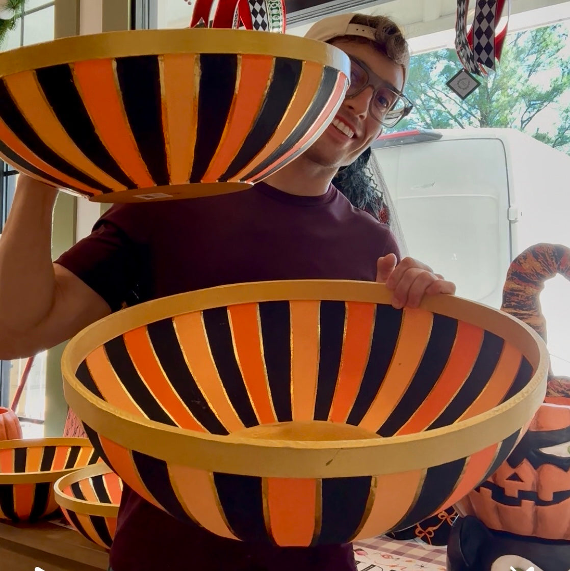 Papier-mâché orange and black bowl. Handmade and painted. Small.