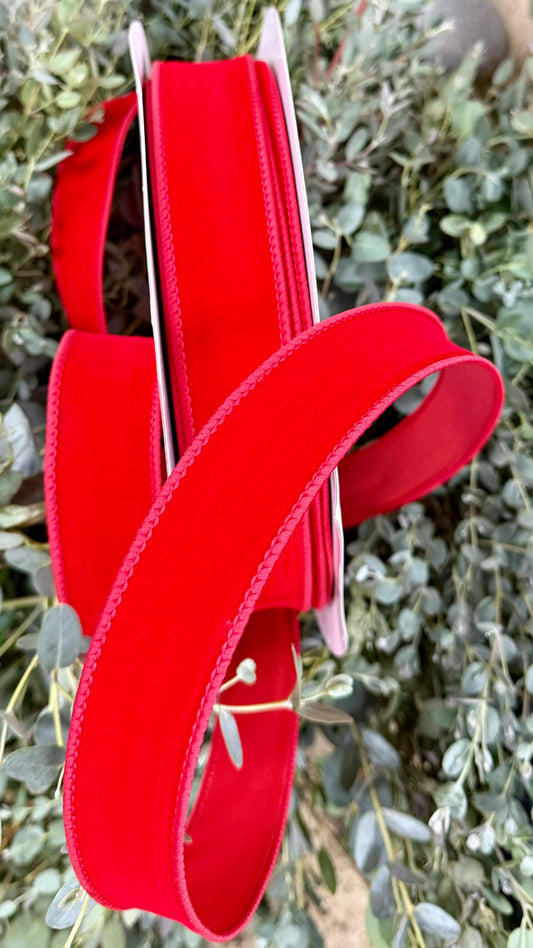 Red outdoor velvet ribbon. Wired. 1.5” x 50 yards.