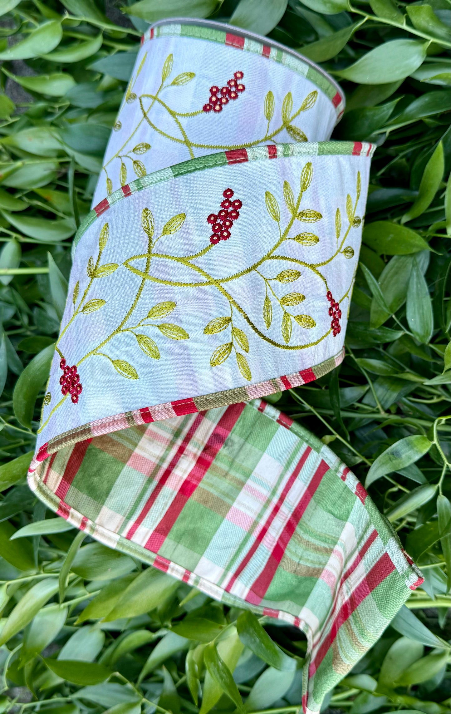 JME Embroidered Holly Berry Dupion with a Plaid Back and pipping. Heavy Wired Ribbon 4"x5YD