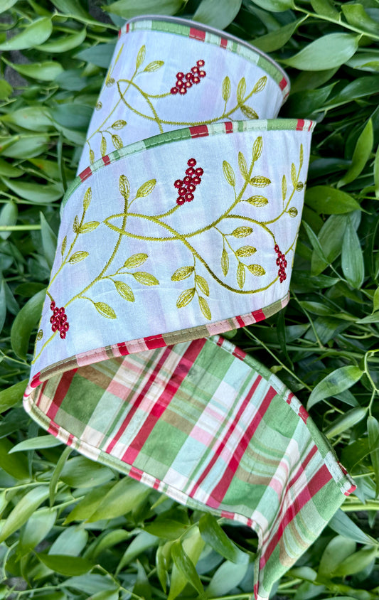 JME Embroidered Holly Berry Dupion with a Plaid Back and pipping. Heavy Wired Ribbon 4"x5YD