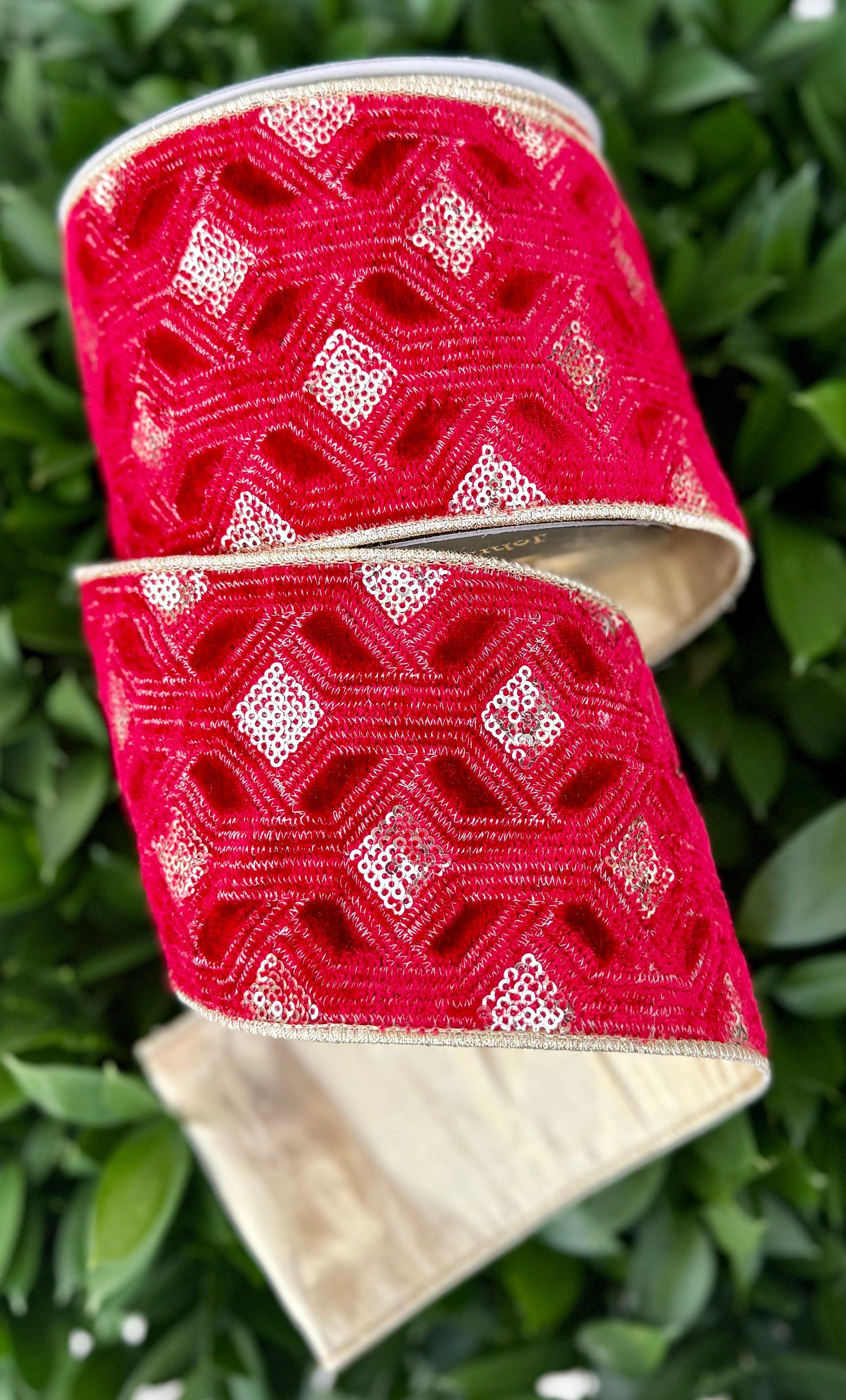 JME heavy wired ribbon. Gold Sequin Embroidered RED Velvet with Gold M ...