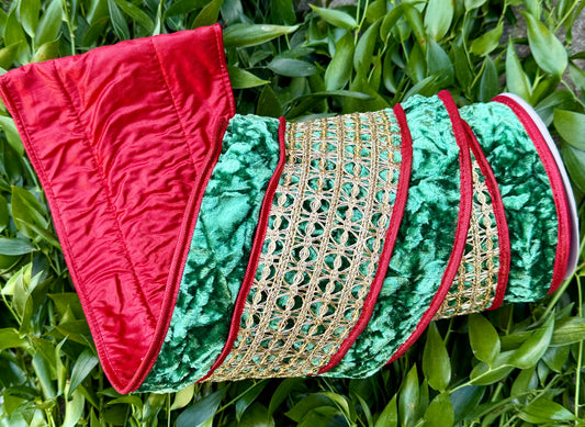 JME heavy wired ribbon. Crushed green velvet with a gold mesh belt. Red metallic double fused backing with red piped edge. 6” x 5 yards.