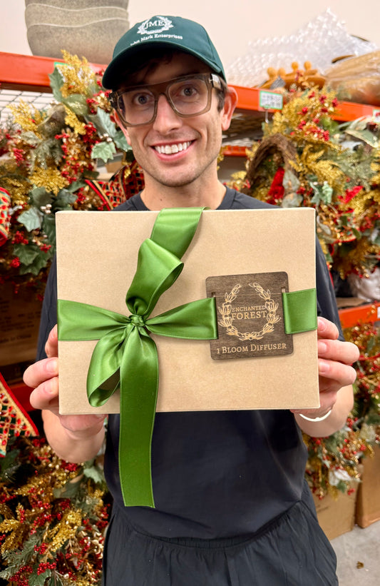 Paper flower oil diffuser with glass bubble vase. SINGLE BLOOM. “Enchanted Forest" scent.