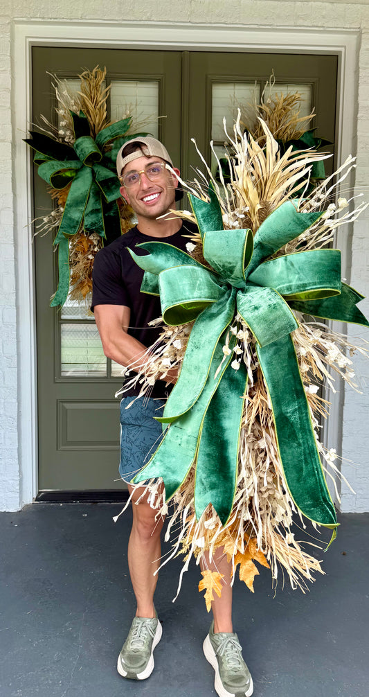 Faux fall swag with JME green velvet bow.