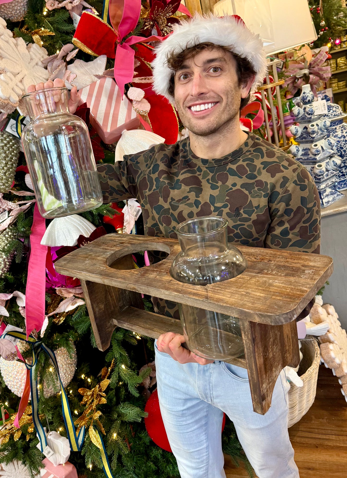 Wooden Flower Stand with Two Glass Bottles. Flowers not included.
