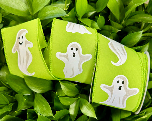 lime Green Polyester
Wired Ribbon with White Ghosts
2.5" x 10yards.