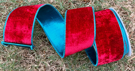 JME heavy wired ribbon. DEEP RED velvet backed with metallic BLUE dupion. 2.5“ x 10 yards