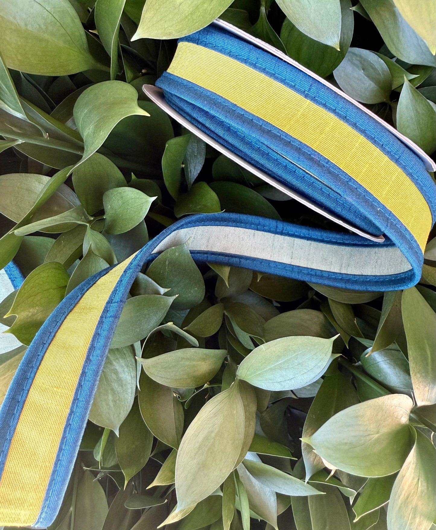 JME heavy wired ribbon. YELLOW/BLUE/SAGE Tri-Colored Solid