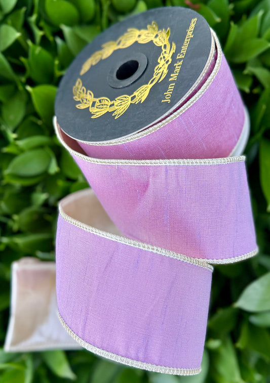 JME heavy wired ribbon. LAVENDER Dupion with Champagne Metallic Back