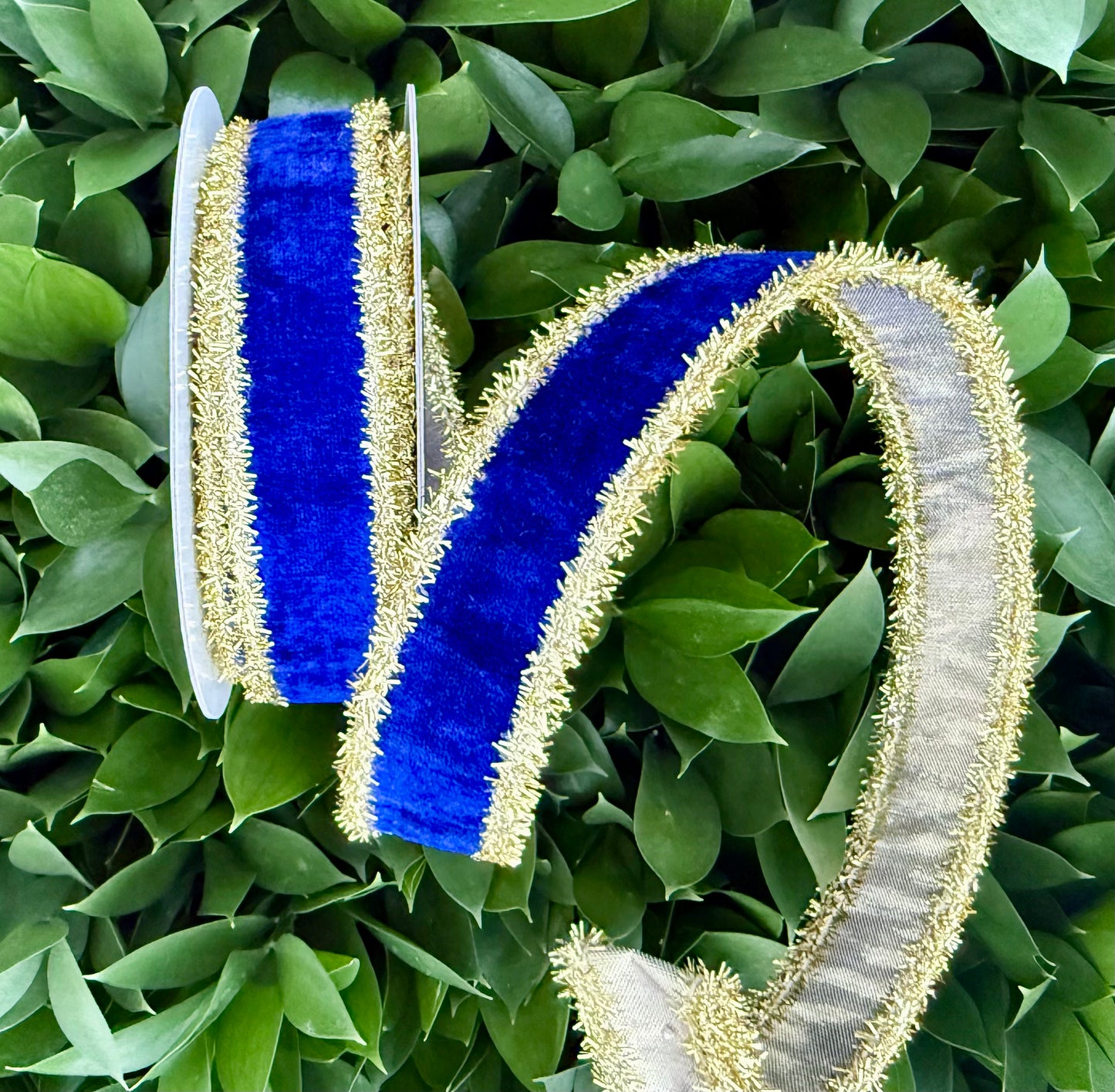 JME heavy wired ribbon. NAVY BLUE Velvet with Gold Tinsel Edge and Gold Metallic Back