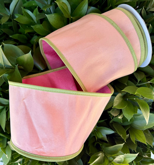 JME heavy wired ribbon. PALE PINK/GREEN Tri-Colored Solid