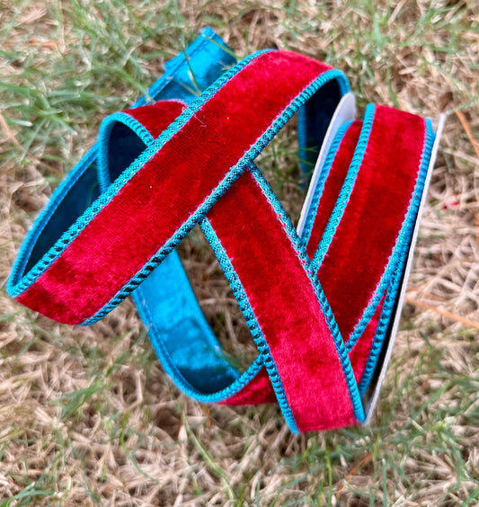 JME heavy wired ribbon. DEEP RED velvet backed with metallic BLUE dupion. 1“ x 10 yards