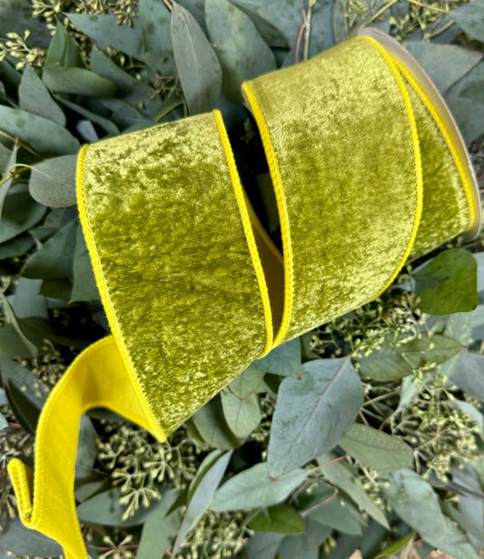 JME heavy wired ribbon. Apple green velvet with lime/yellow taffeta back. Double fused, and heavy wire. 2.5” x 10 yards.