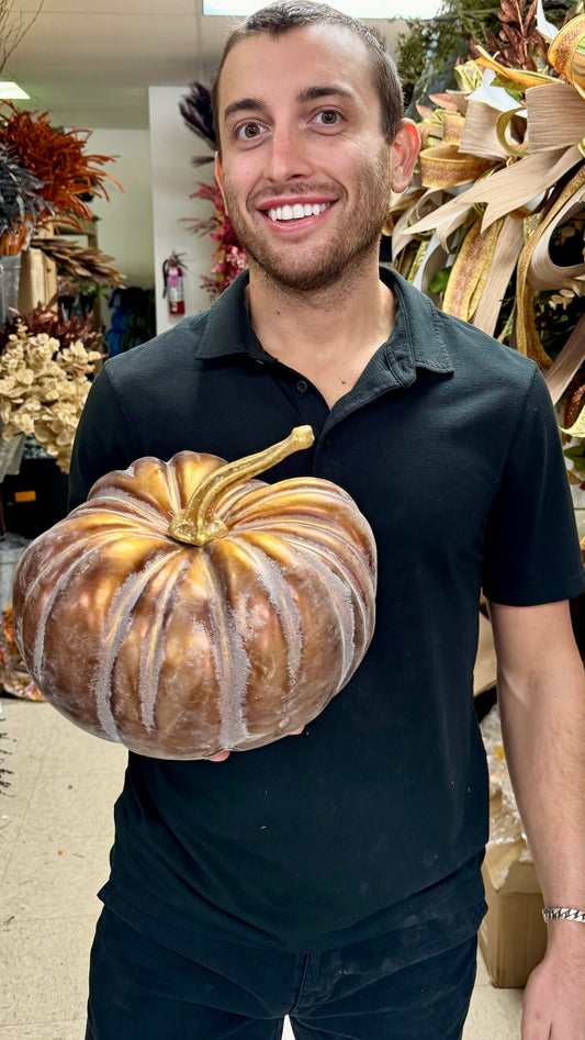 Coffee pumpkin with gold stem. 9 inches