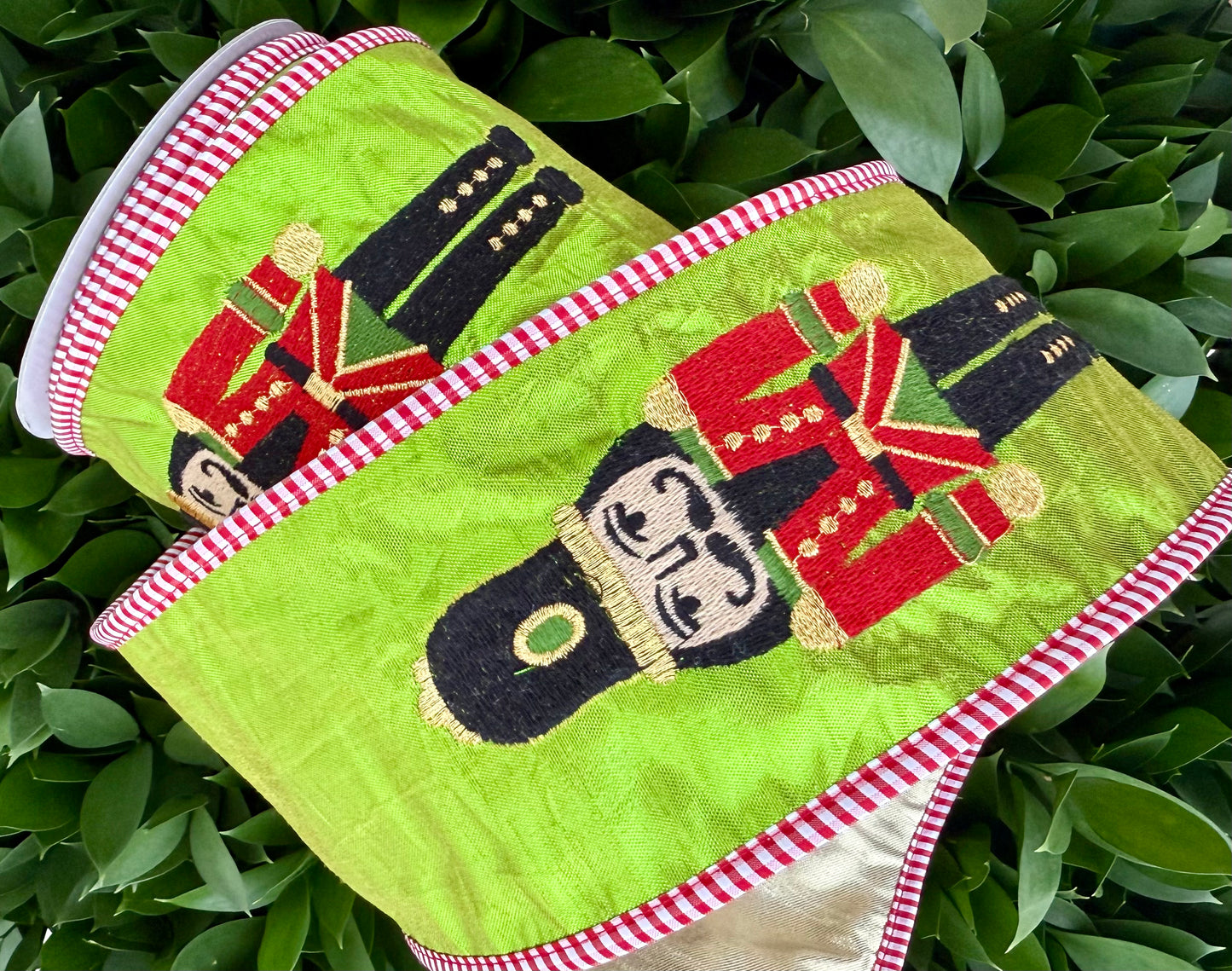 JME heavy wired ribbon. LIME Metallic with Embroidered Nutcracker 4"x 10YDS