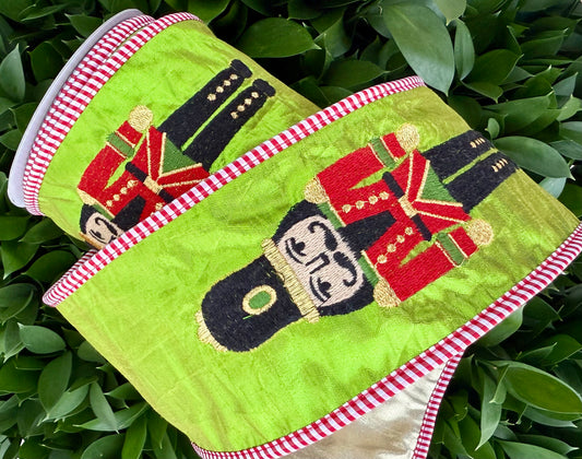 JME heavy wired ribbon. LIME Metallic with Embroidered Nutcracker 4"x 10YDS