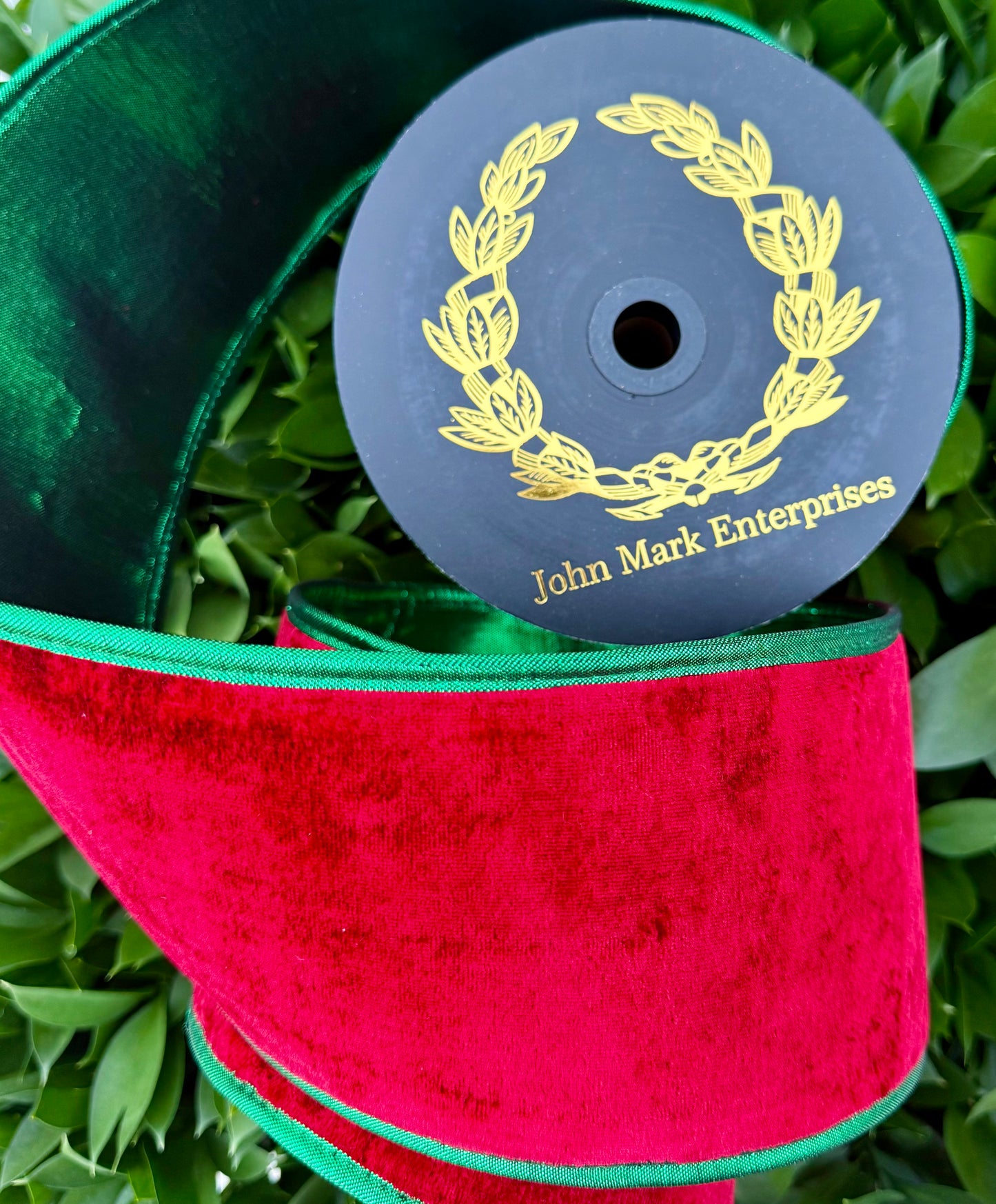 JME heavy wired ribbon. RED Velvet with Green Metallic Back