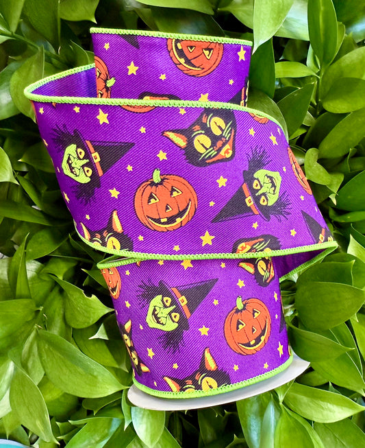 Purple Halloween ribbon with witches cats and jack-o’-lanterns. 2.5” x 10 yards. Wired ribbon.