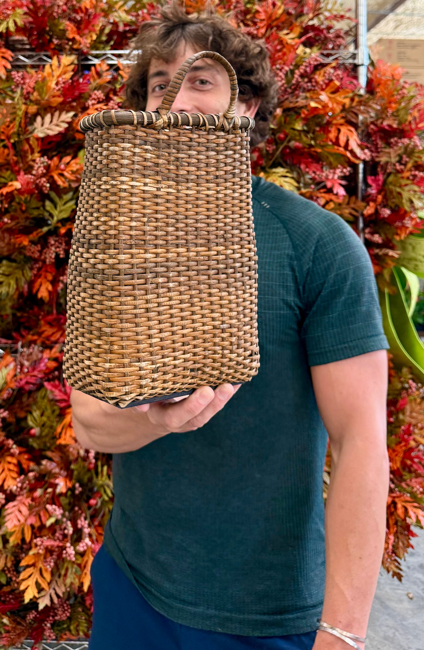 Small RATTAN DOOR BASKET with hanger attached. 6.5inx4.75inx13in