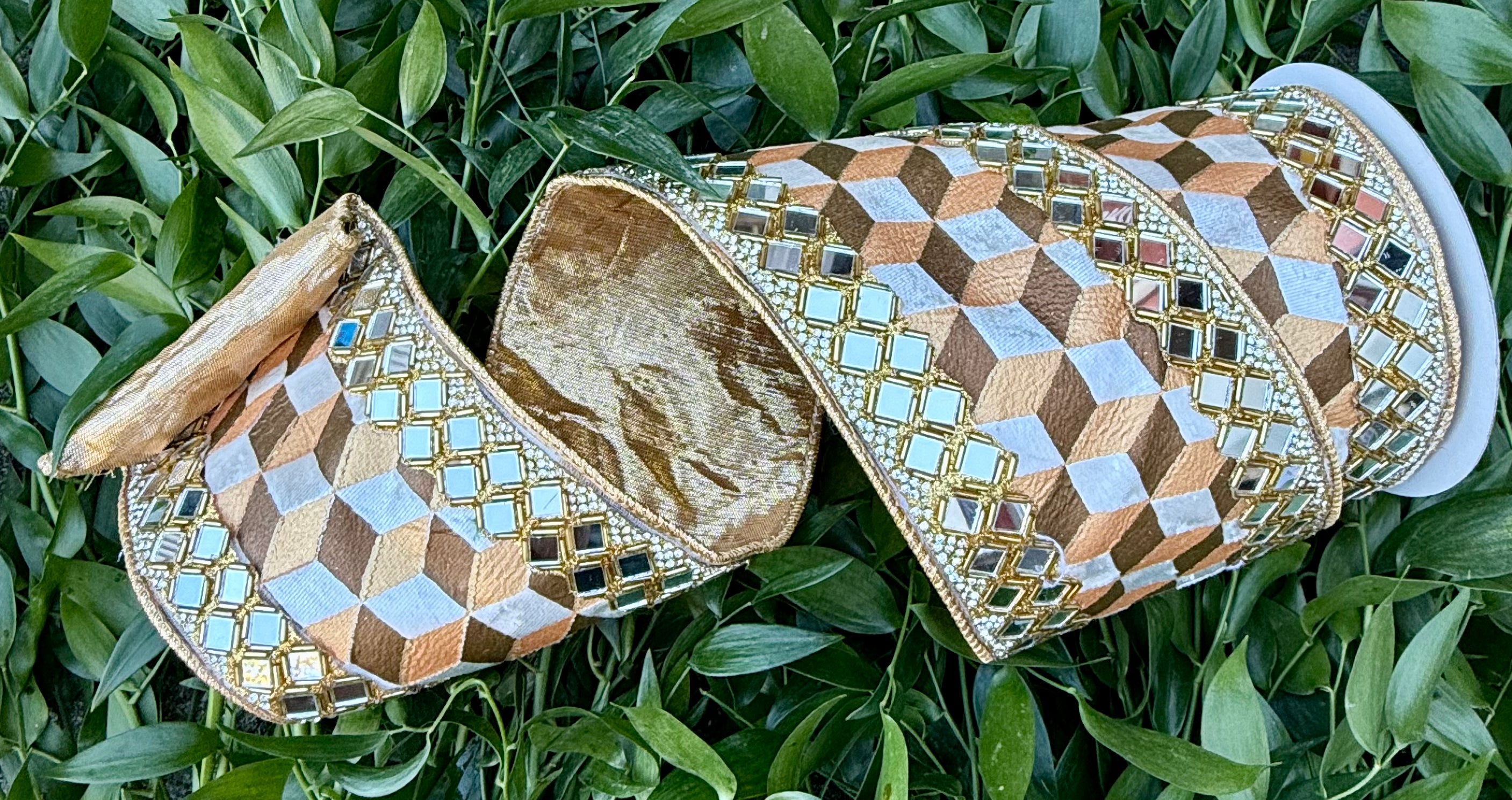 JME Heavy wired ribbon. Geo brown/gold/white pattern ribbon with mirro ...