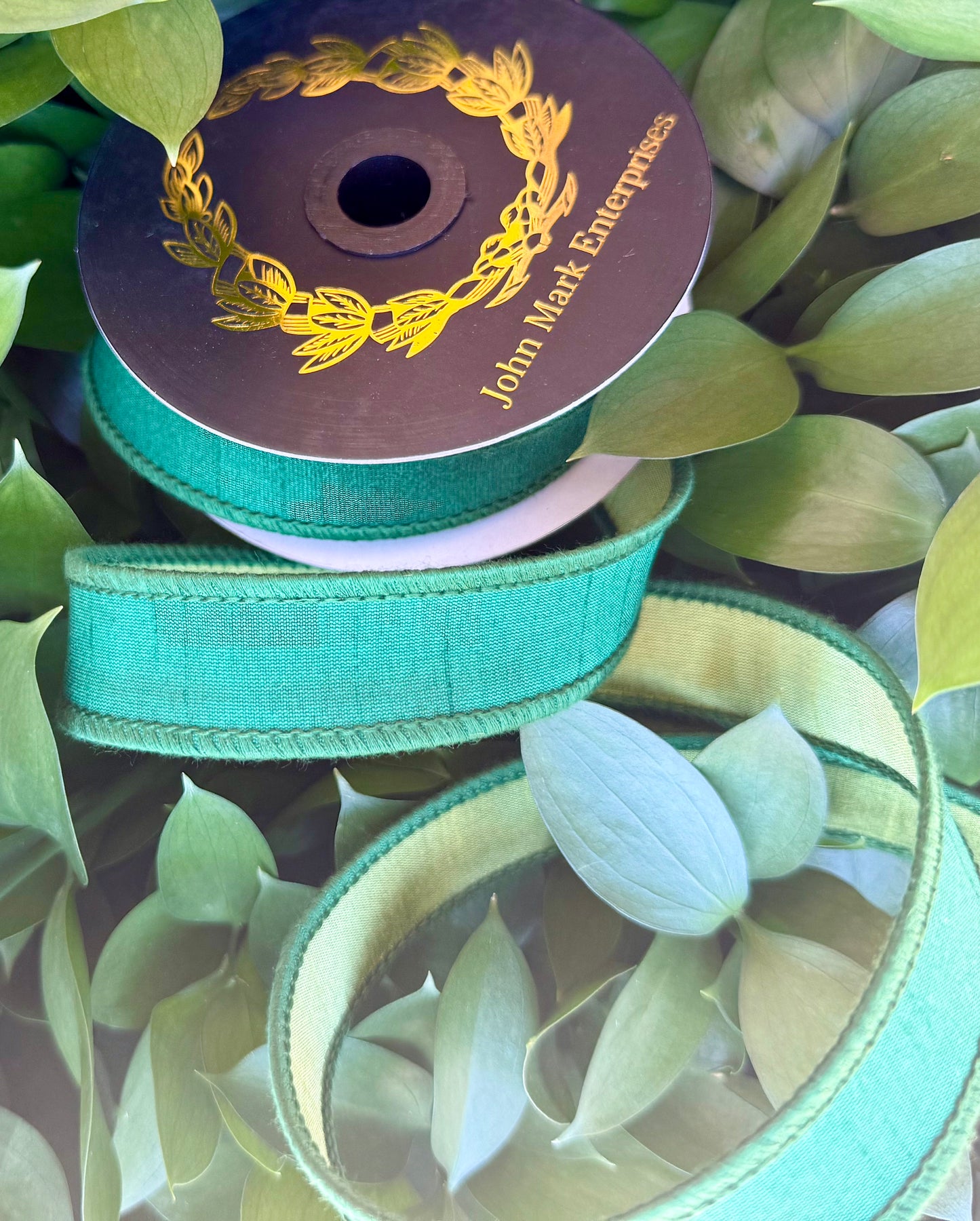 JME heavy wired ribbon. EVERGREEN/MOSS Two-Tone Solid