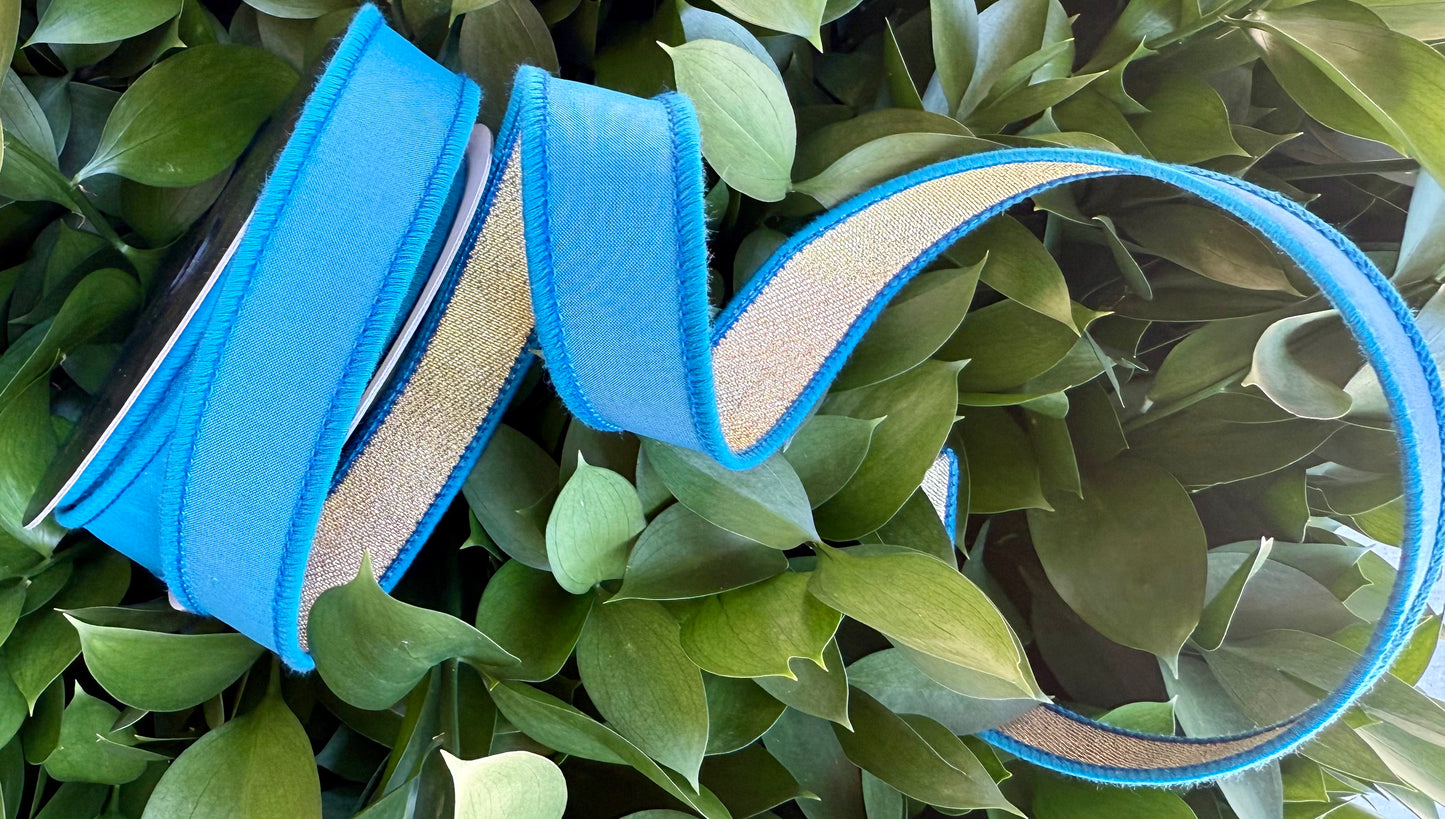 JME heavy wired ribbon. BLUE Taffeta with Gold Mesh Metallic Back