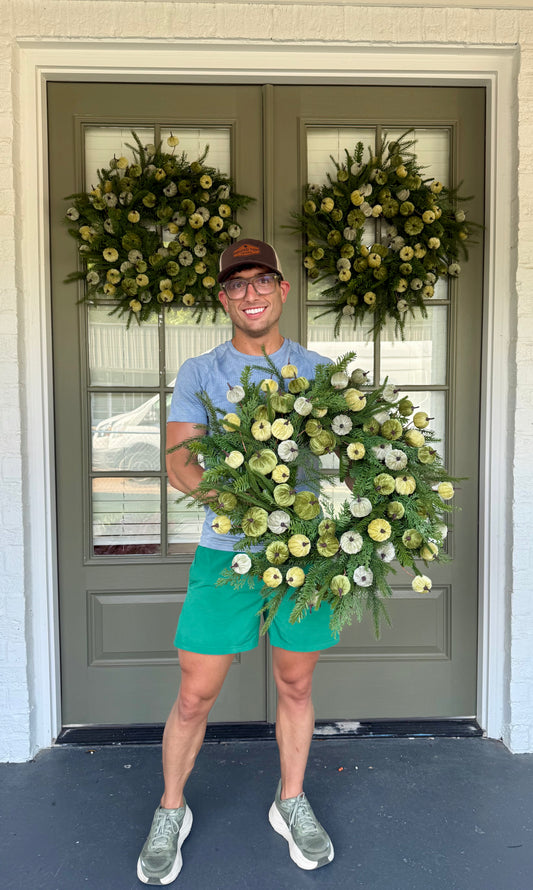 Faux Green velvet PUMPKIN JME WREATH. 24 inches wide