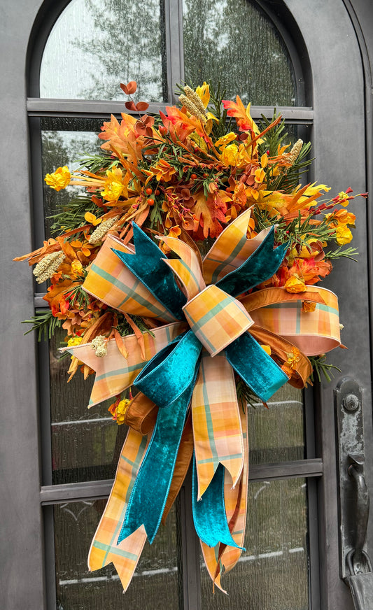 Teal for fall! JME handmade wreath with a JME hand tied bow! About 24 inches wide ￼
